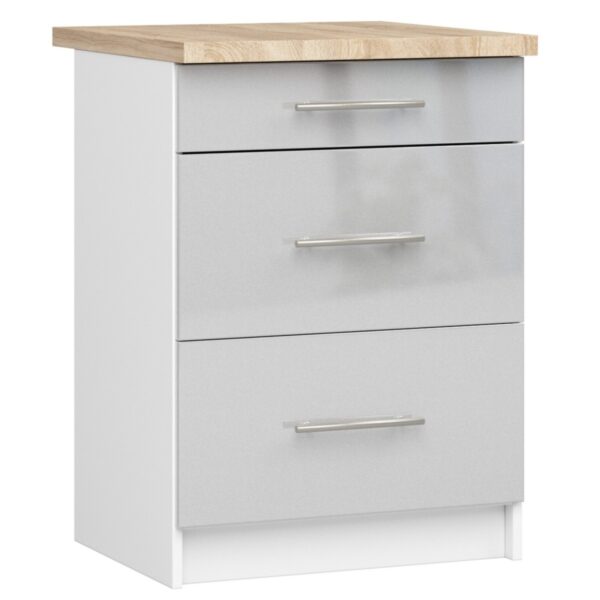 Ak furniture Kuchyňská skříňka Olivie S 60 cm 3S bílá/metalický lesk/dub sonoma