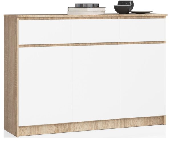 Ak furniture Komoda Karolína 140 cm 3 skrinky a 3 zásuvky dub sonoma/biela