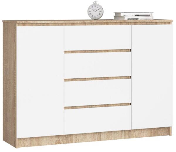 Ak furniture Komoda Kryštof 140 cm 2 skrinky a 4 zásuvky dub sonoma/biela