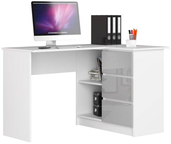 Ak furniture Rohový písací stôl B16 124 cm biely/světle šedý lesk pravý