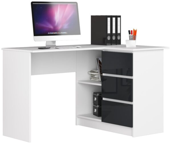 Ak furniture Rohový písací stôl B16 124 cm biely/grafitový lesk pravý