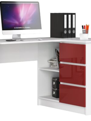 Ak furniture Rohový písací stôl B16 124 cm biely/červený lesk pravý