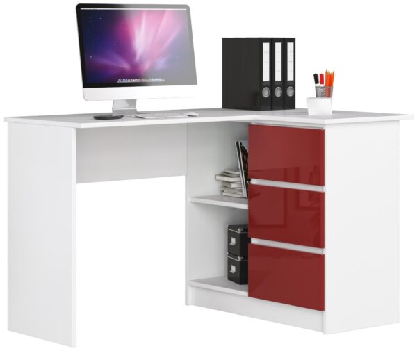 Ak furniture Rohový písací stôl B16 124 cm biely/červený lesk pravý