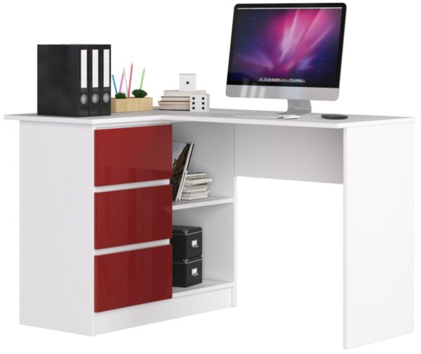 Ak furniture Rohový písací stôl B16 124 cm biely/červený lesk ľavý