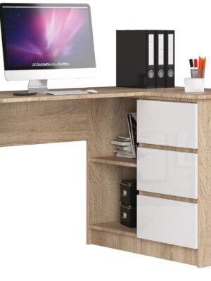 Ak furniture Rohový písací stôl B16 124 cm dub sonoma/biely lesk pravý